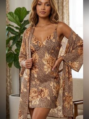 Enchanting Brown Floral & Leopard Print  Chemise with Matching Robe medium